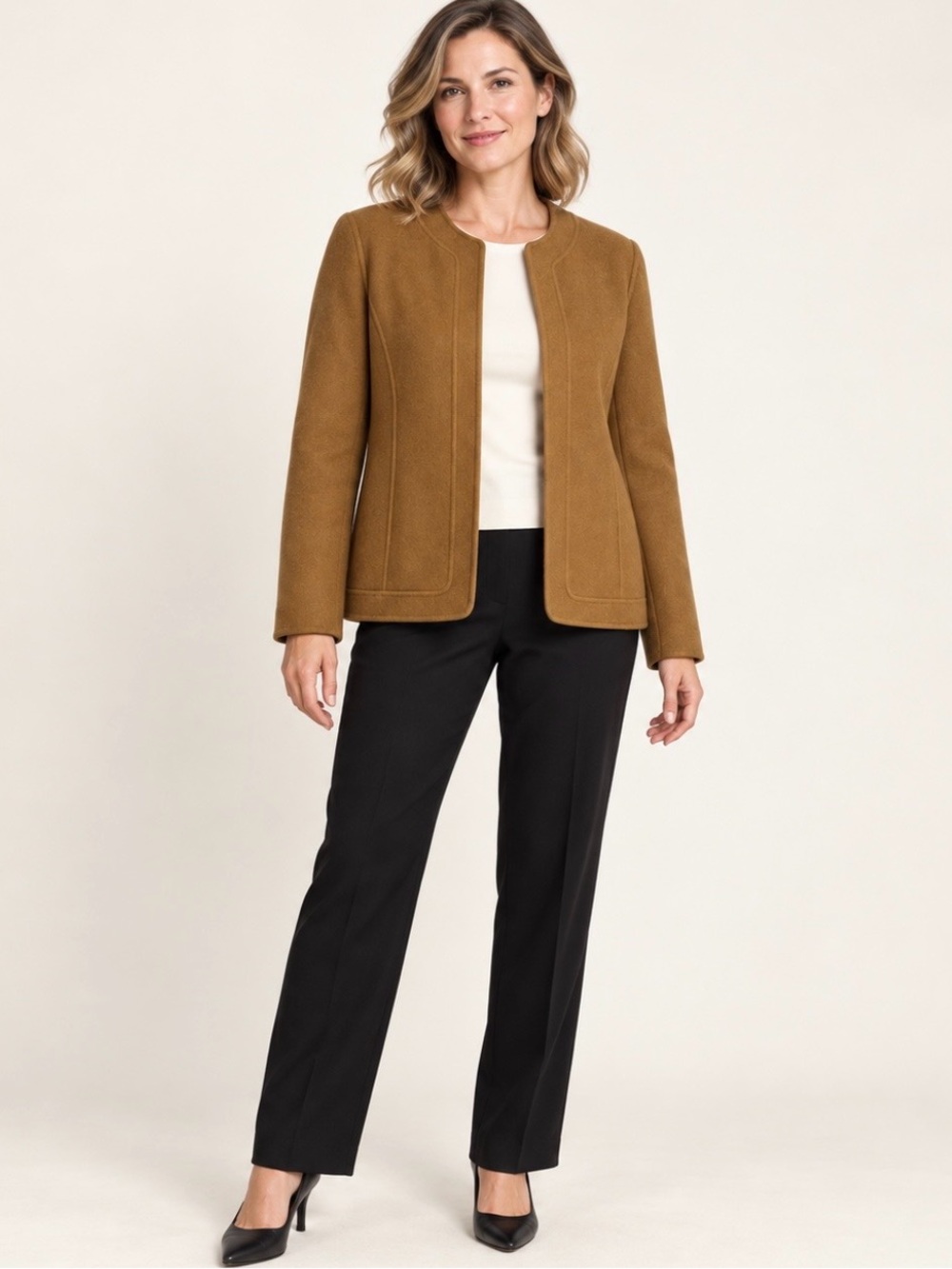Camel Tan 100% Wool Collarless Short Coat Jacket Linda Allard Ellen Tracy Sz 12